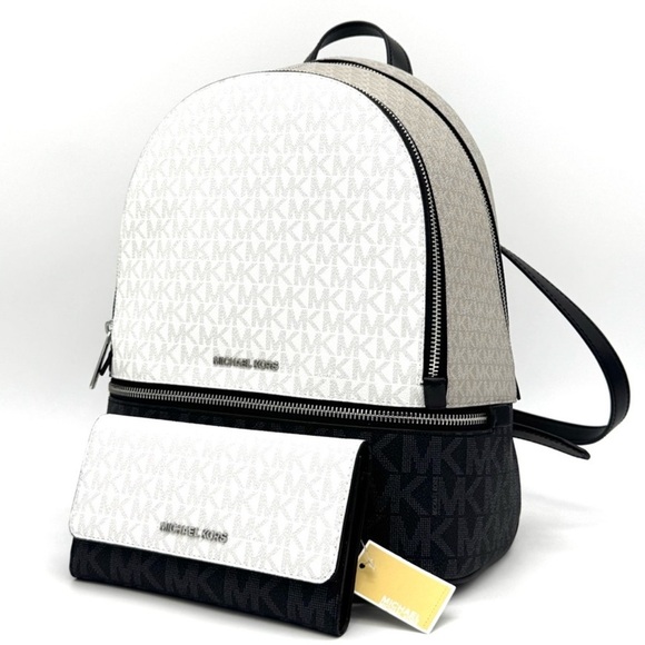 Michael Kors Rhea Medium Zip Backpack & Large Trifold Wallet Optic White Multi - Picture 1 of 13